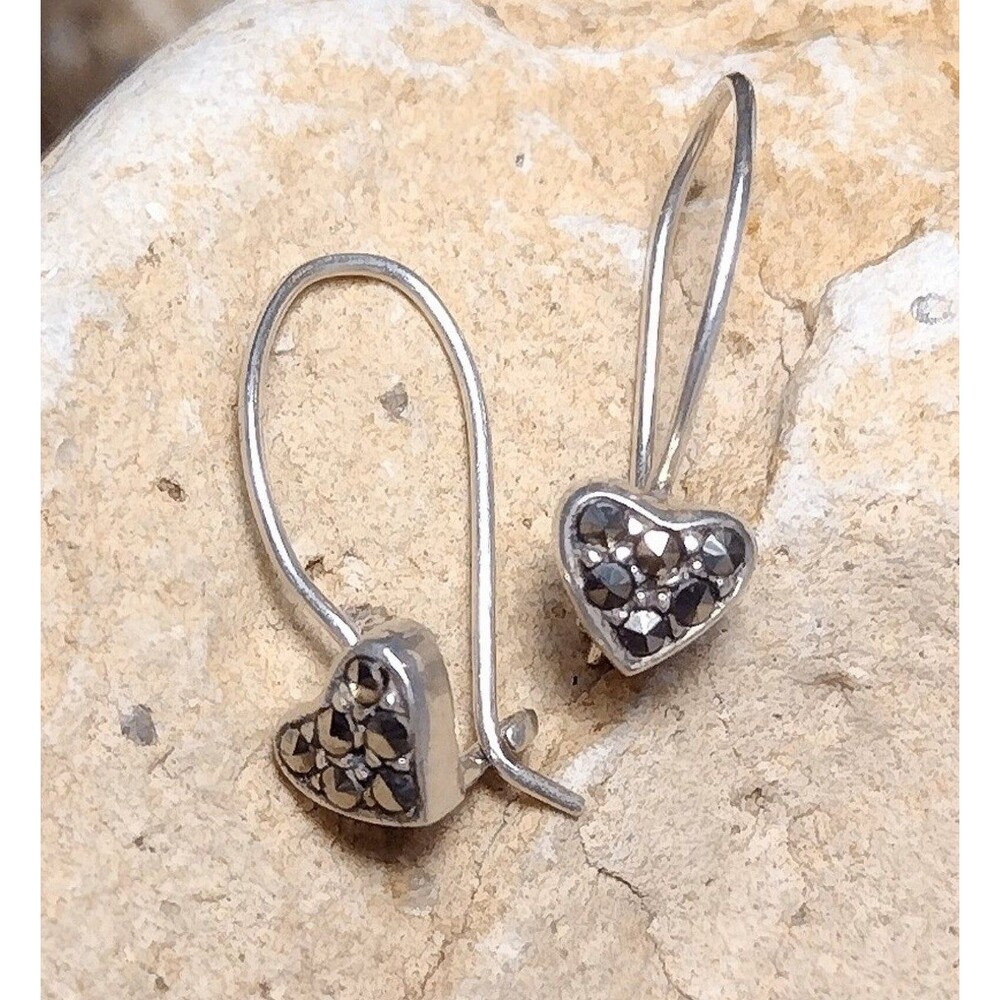 Vintage Sterling Silver Marcasite Heart Petite Dainty Earrings